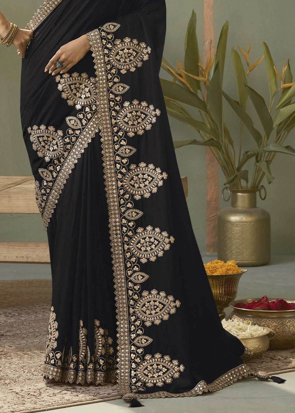 Onyx Black Silk Saree with Fine Gota Patti Embellishment