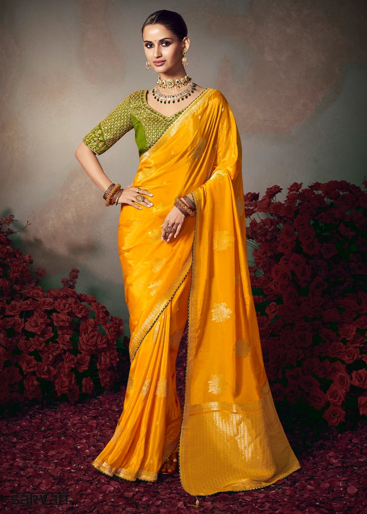 Golden Yellow Banarasi Silk Saree with Embroidered Blouse