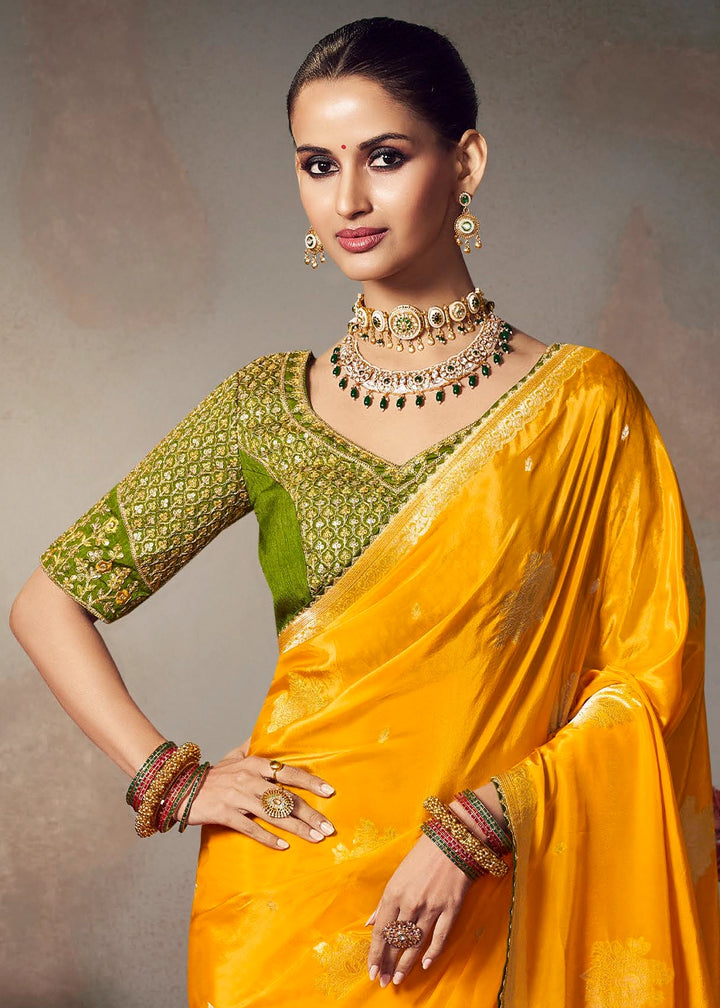 Golden Yellow Banarasi Silk Saree with Embroidered Blouse