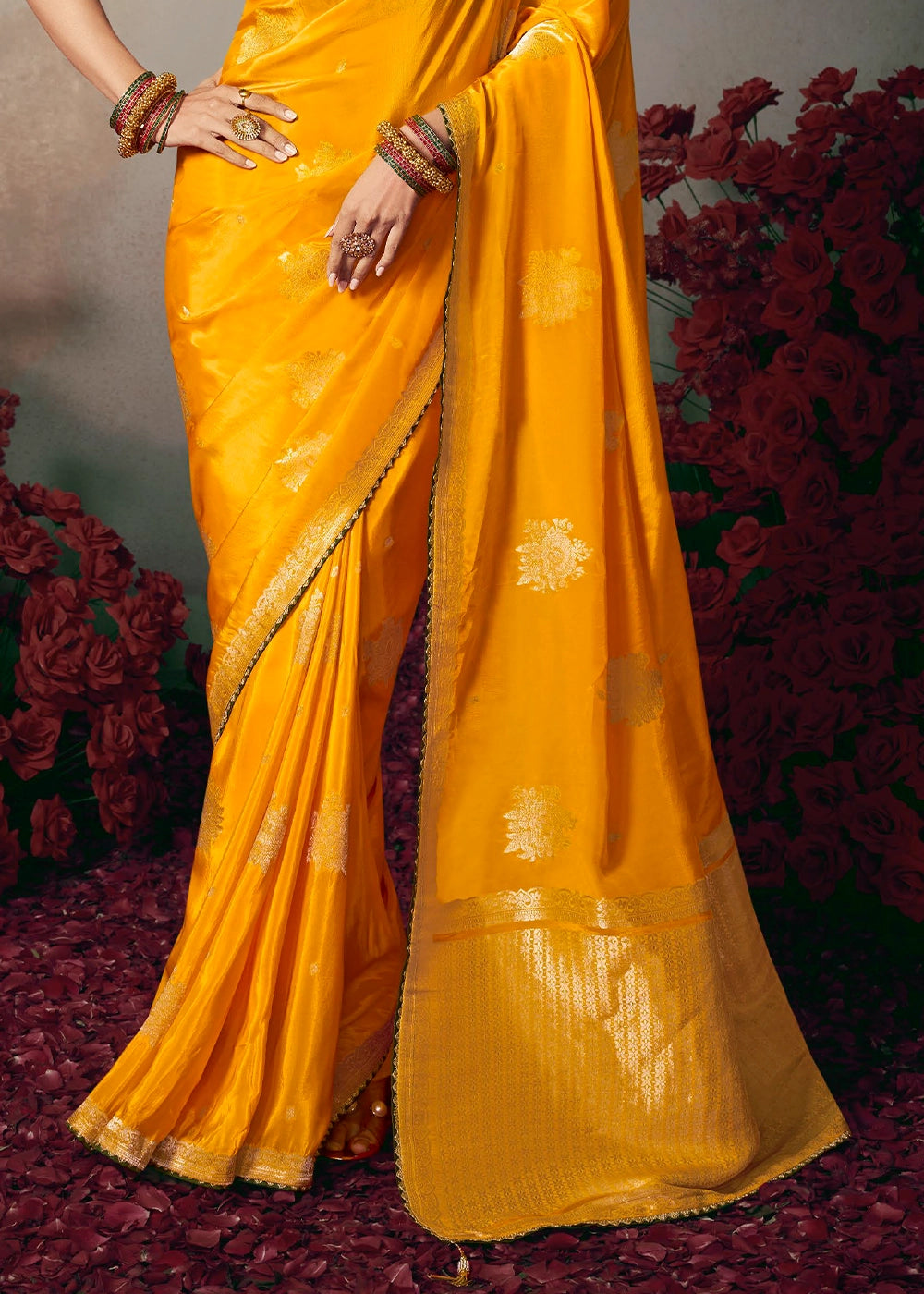 Golden Yellow Banarasi Silk Saree with Embroidered Blouse