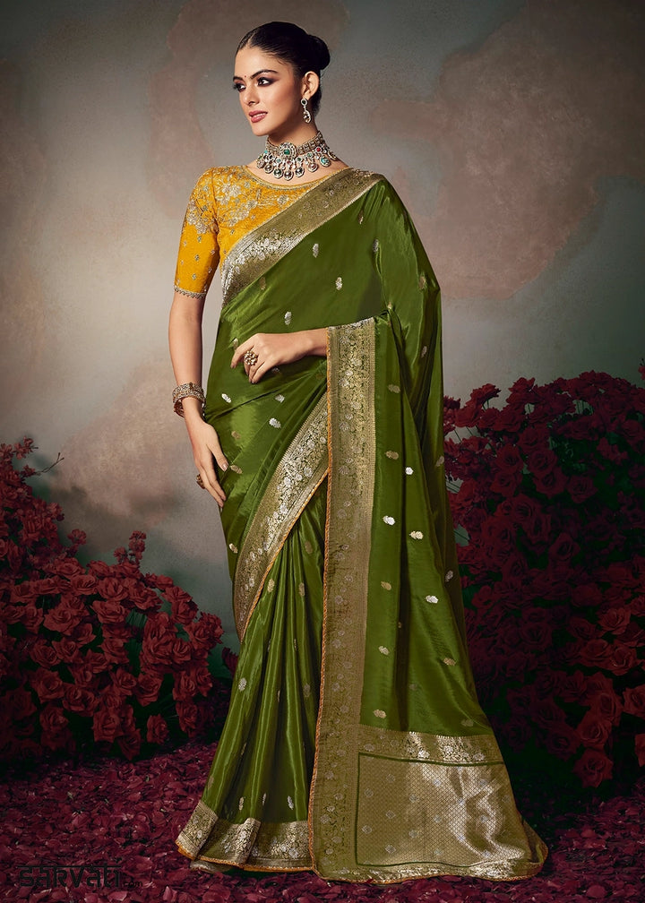 Olive Green Banarasi Silk Saree with Embroidered Blouse