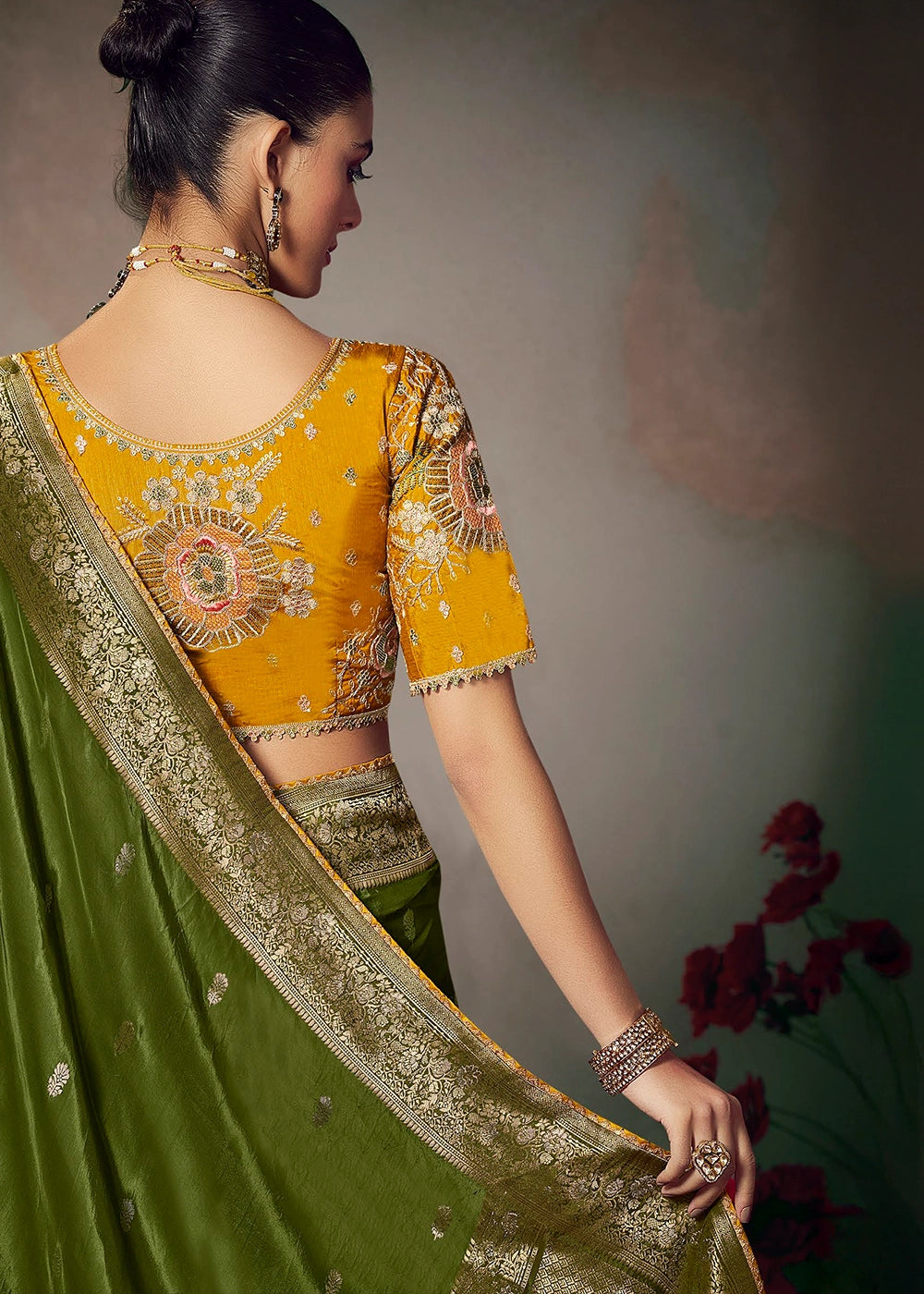 Olive Green Banarasi Silk Saree with Embroidered Blouse