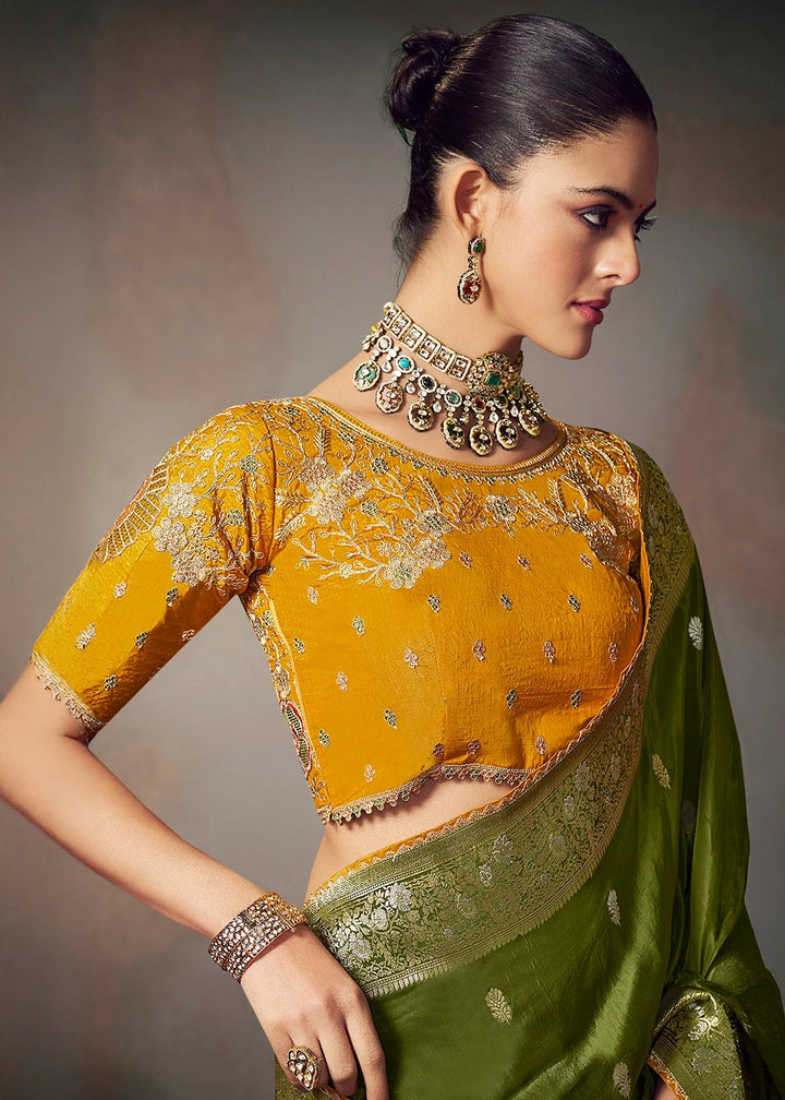 Olive Green Banarasi Silk Saree with Embroidered Blouse