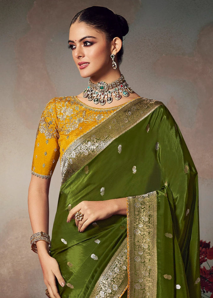 Olive Green Banarasi Silk Saree with Embroidered Blouse