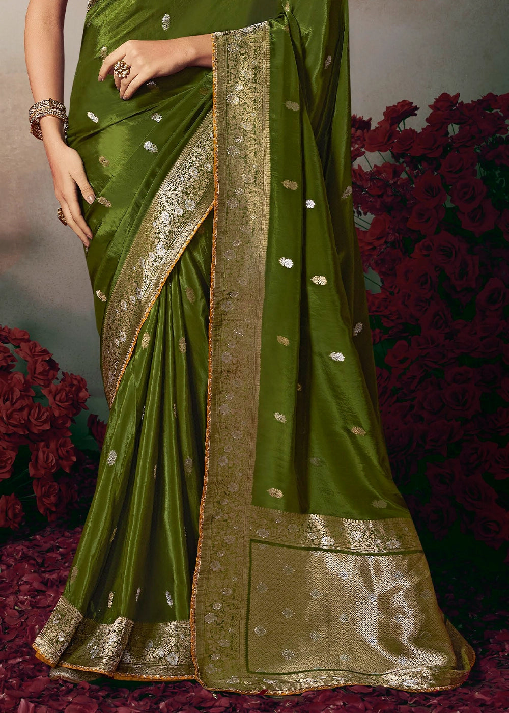 Olive Green Banarasi Silk Saree with Embroidered Blouse