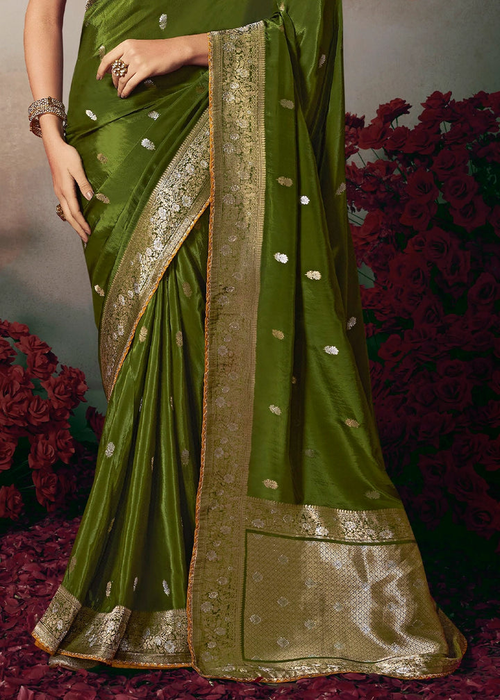 Olive Green Banarasi Silk Saree with Embroidered Blouse