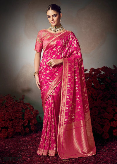 Magenta Pink Banarasi Silk Saree with Embroidered Blouse