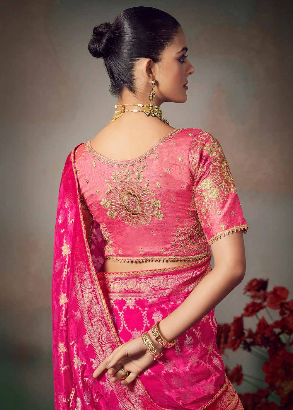 Magenta Pink Banarasi Silk Saree with Embroidered Blouse