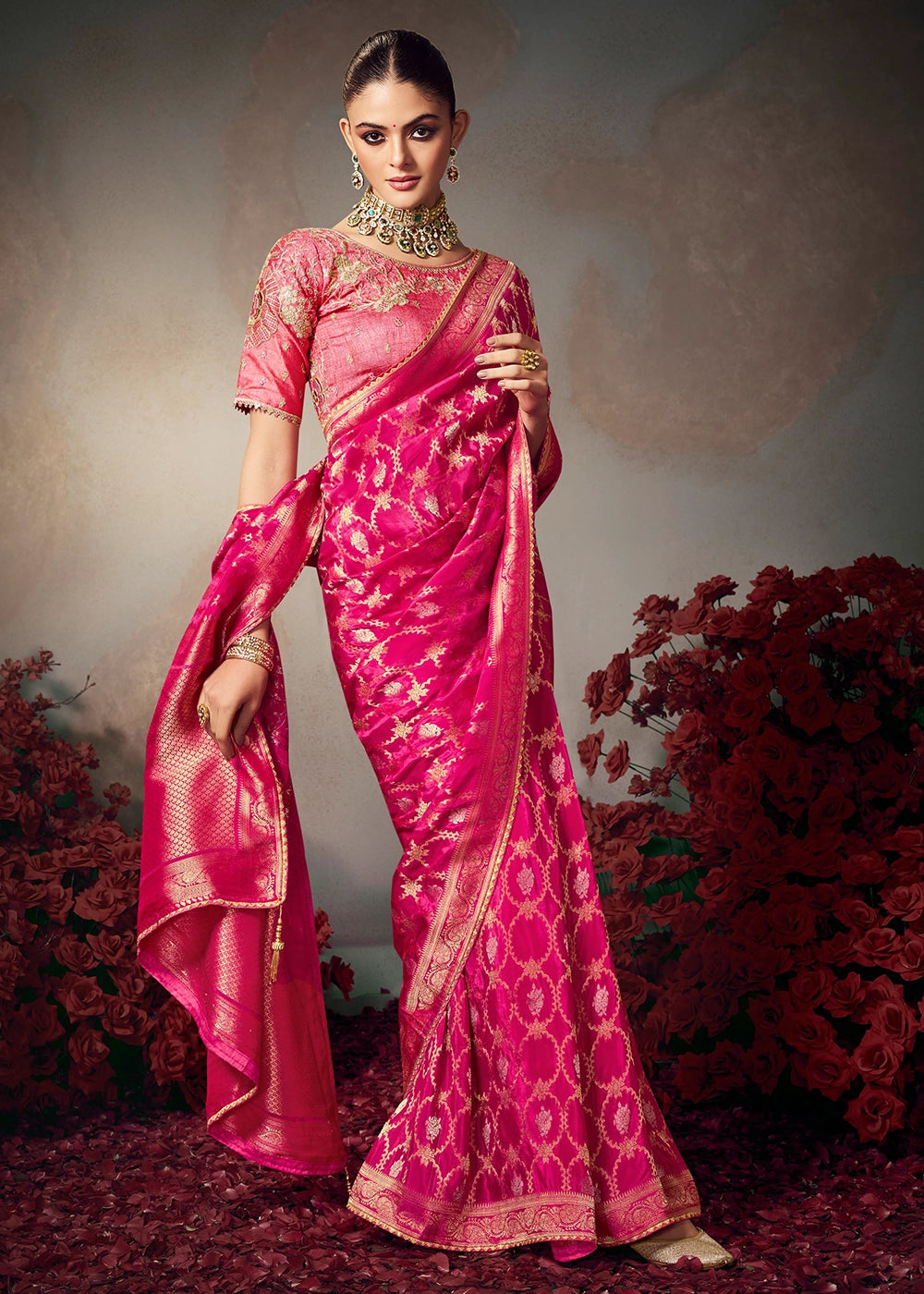 Magenta Pink Banarasi Silk Saree with Embroidered Blouse