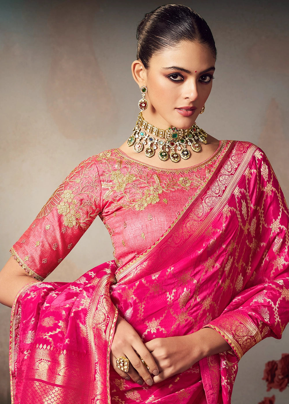 Magenta Pink Banarasi Silk Saree with Embroidered Blouse