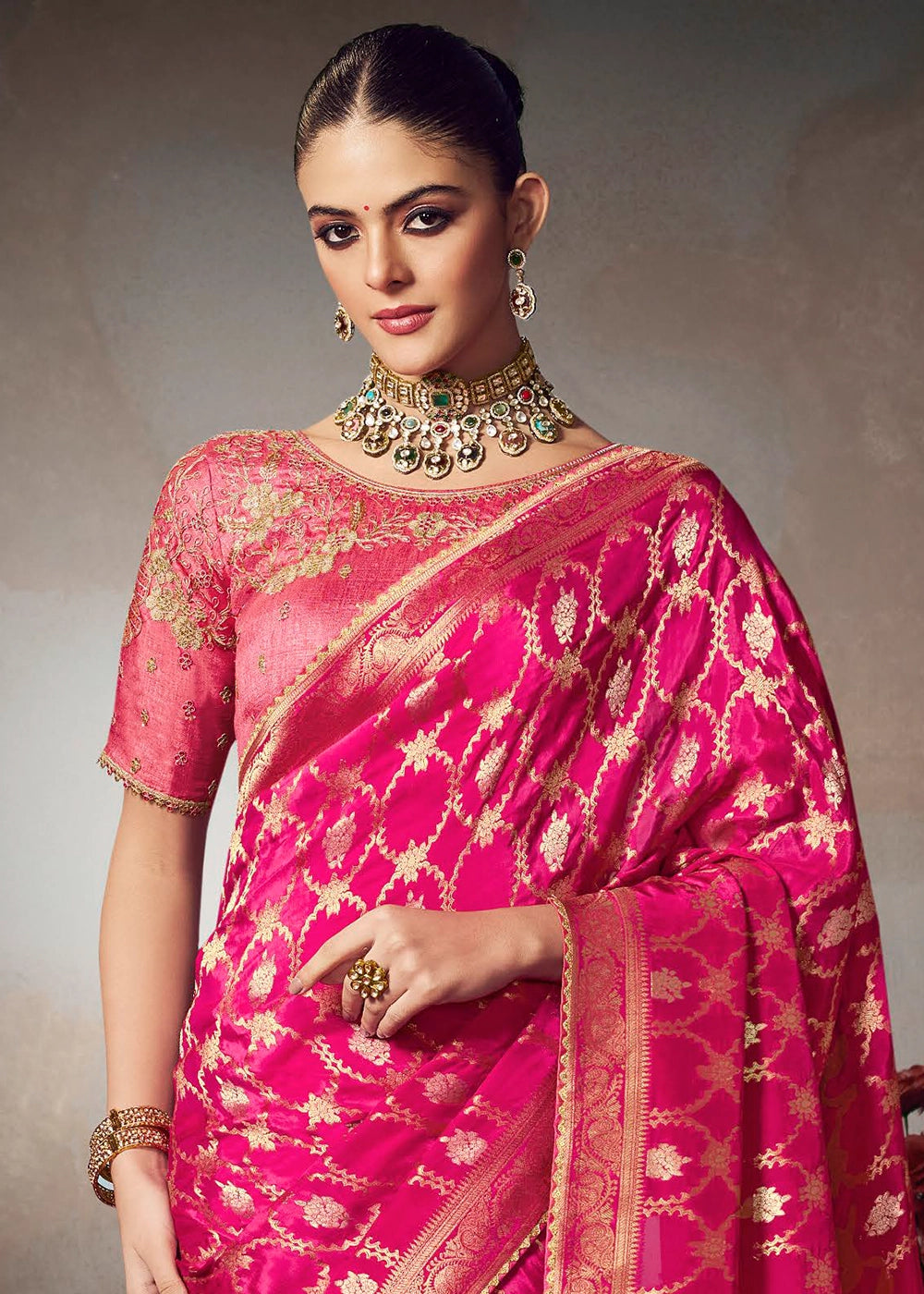 Magenta Pink Banarasi Silk Saree with Embroidered Blouse