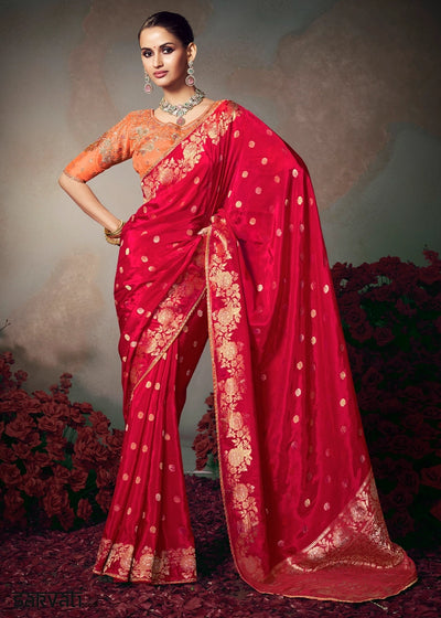 Ruby Red Banarasi Silk Saree with Embroidered Blouse