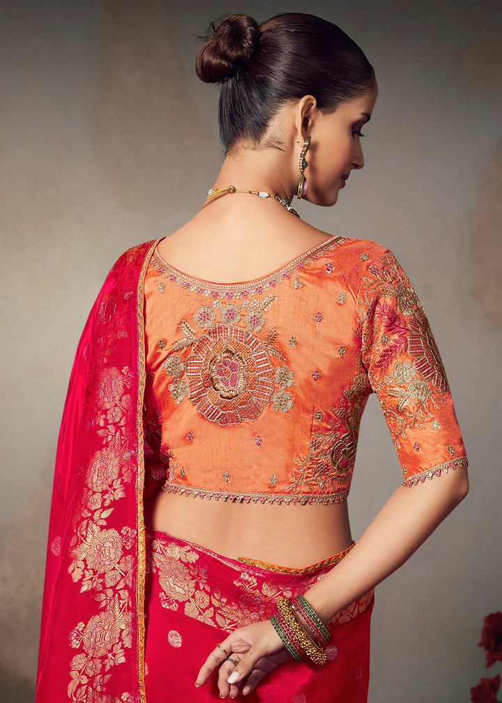 Ruby Red Banarasi Silk Saree with Embroidered Blouse