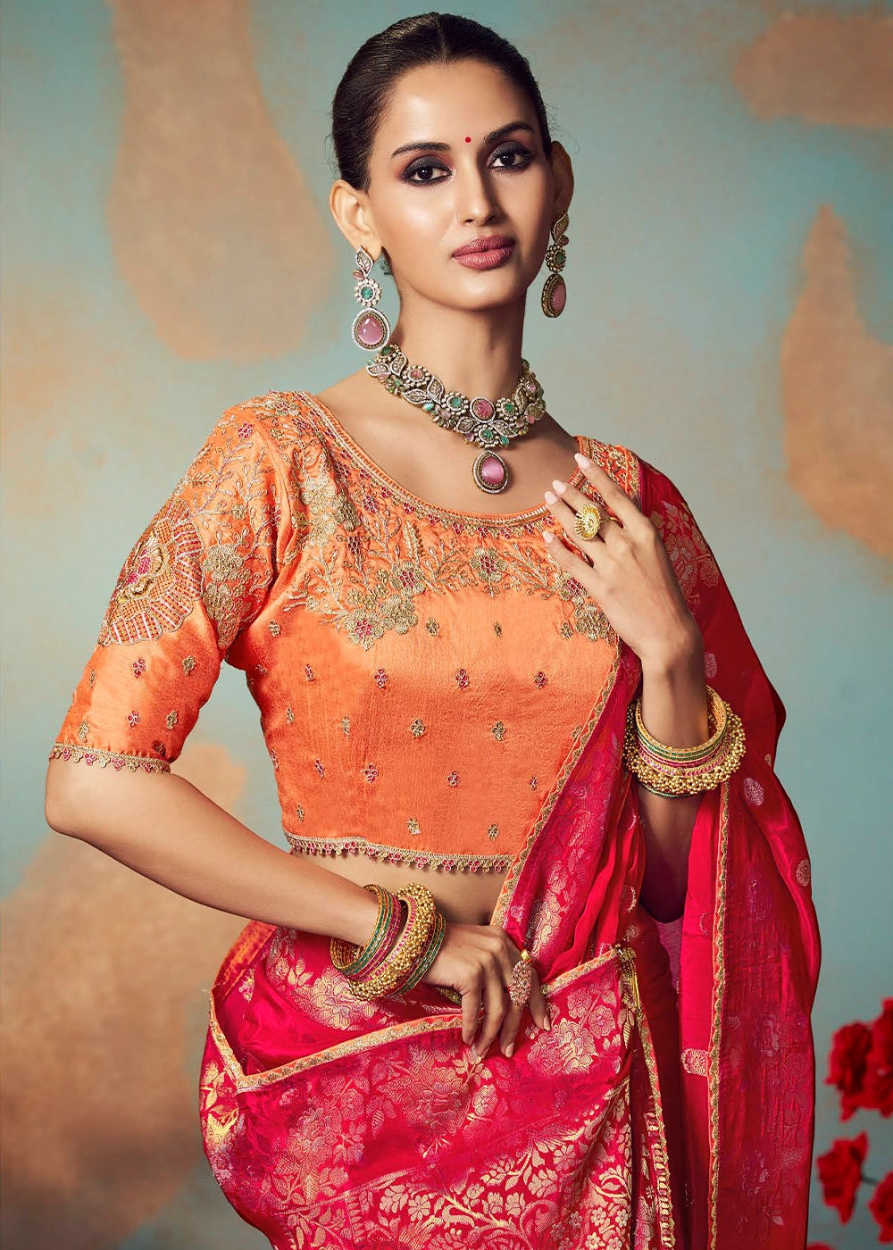 Ruby Red Banarasi Silk Saree with Embroidered Blouse