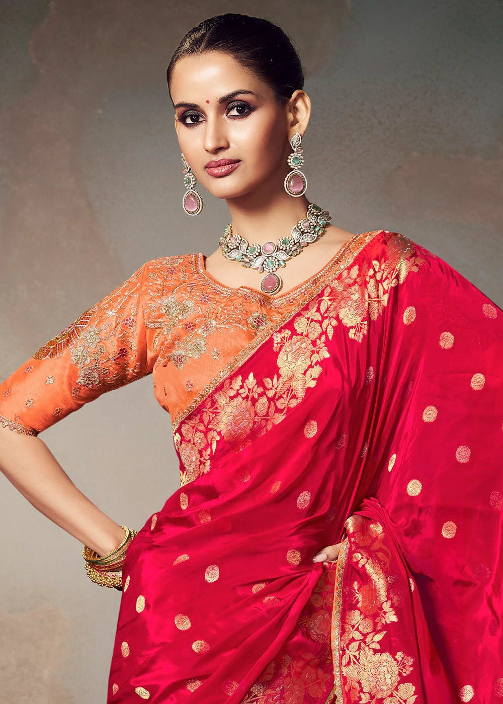 Ruby Red Banarasi Silk Saree with Embroidered Blouse