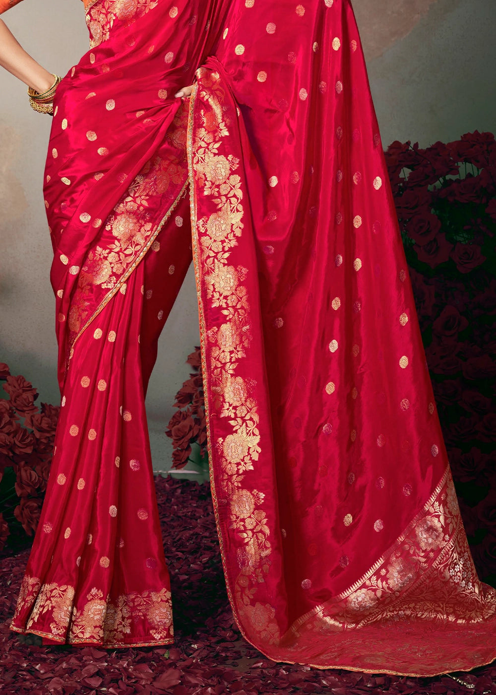 Ruby Red Banarasi Silk Saree with Embroidered Blouse