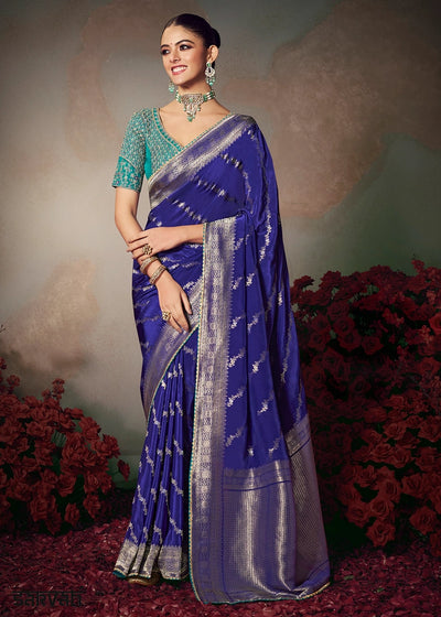 Navy Blue Banarasi Silk Saree with Embroidered Blouse