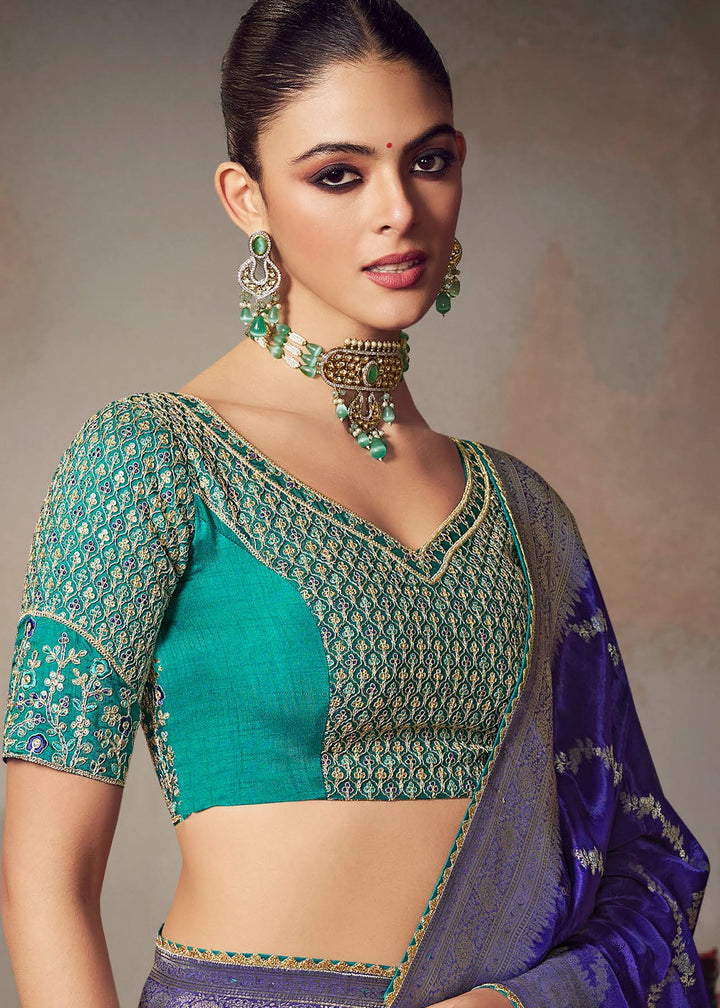 Navy Blue Banarasi Silk Saree with Embroidered Blouse