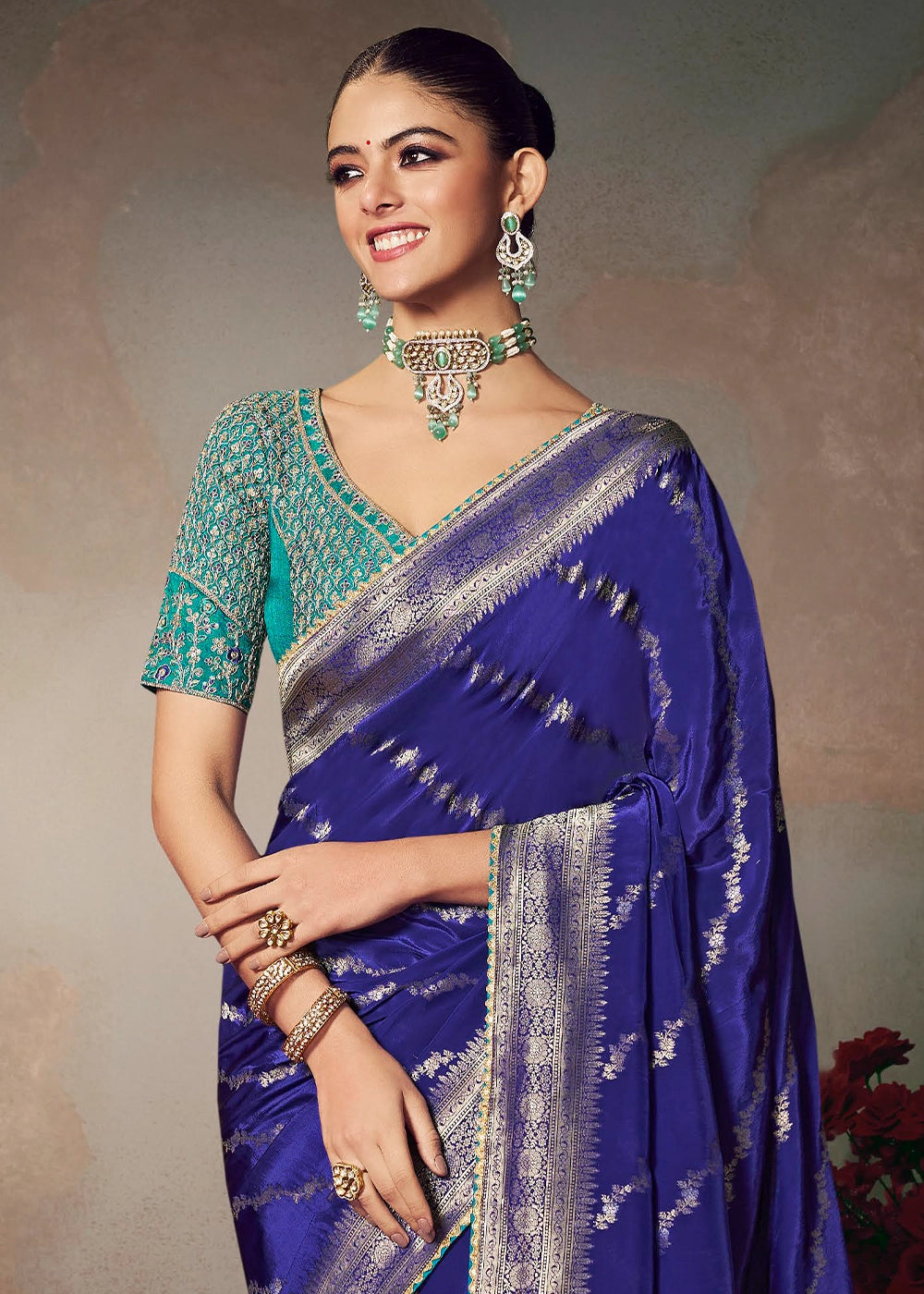 Navy Blue Banarasi Silk Saree with Embroidered Blouse