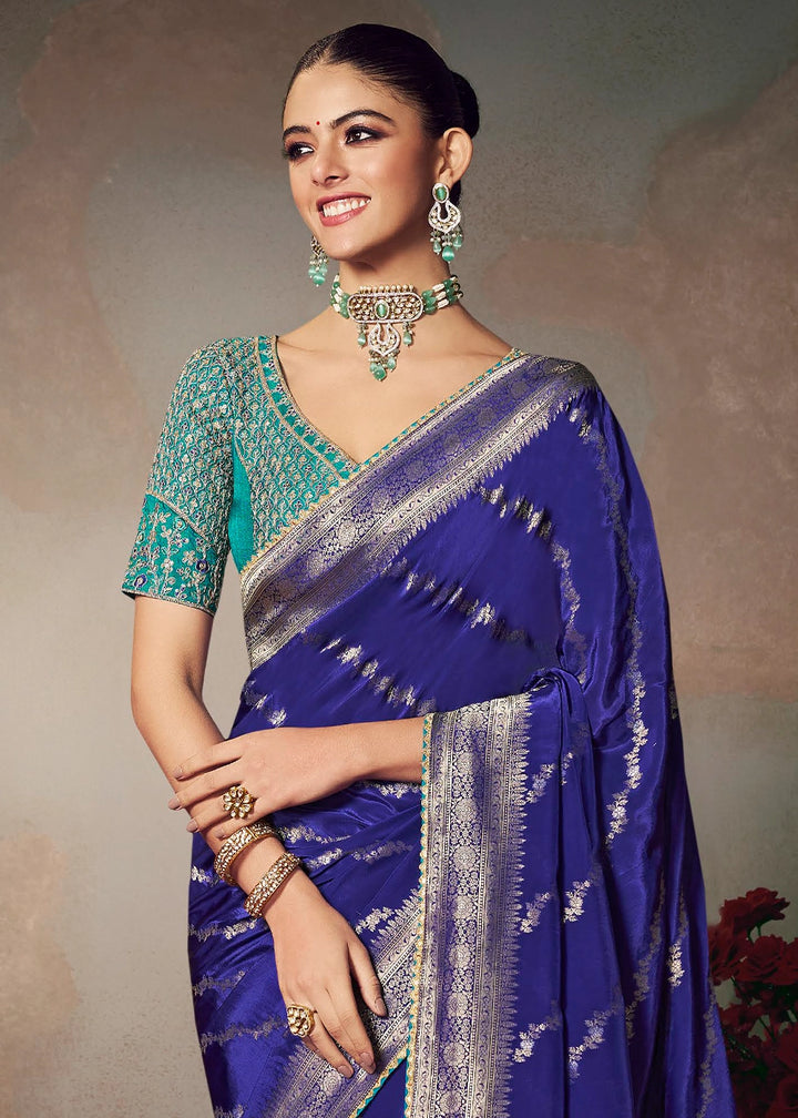 Navy Blue Banarasi Silk Saree with Embroidered Blouse