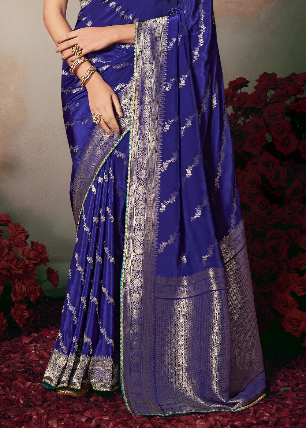 Navy Blue Banarasi Silk Saree with Embroidered Blouse