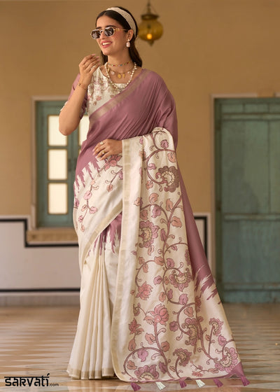Cream White & Purple Tussar Silk Summer Saree with Soft Floral Print