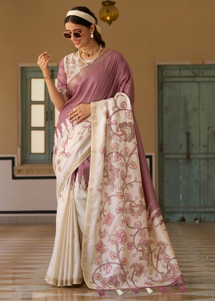 Cream White & Purple Tussar Silk Summer Saree with Soft Floral Print