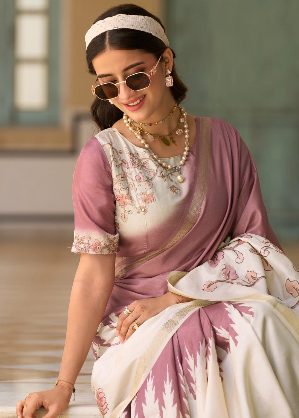 Cream White & Purple Tussar Silk Summer Saree with Soft Floral Print