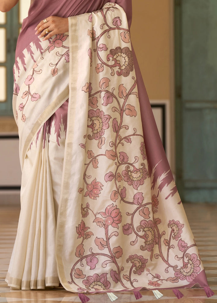 Cream White & Purple Tussar Silk Summer Saree with Soft Floral Print