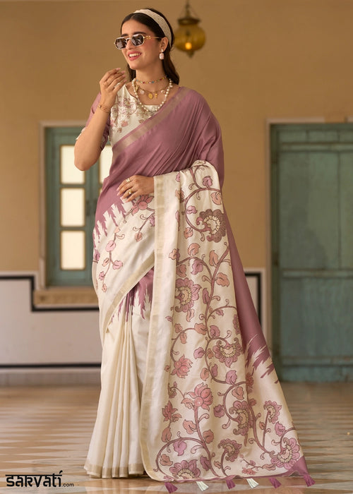 Cream White & Purple Tussar Silk Summer Saree with Soft Floral Print