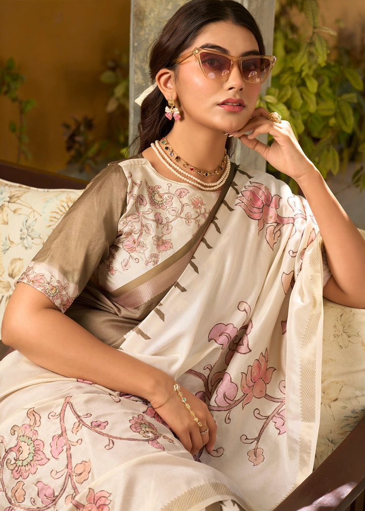 Cream White & Grey Tussar Silk Summer Saree with Soft Floral Print