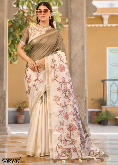 Cream White & Grey Tussar Silk Summer Saree with Soft Floral Print