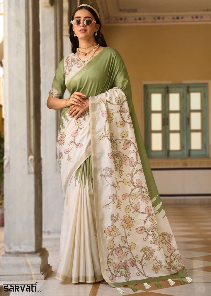 Cream White & GreenTussar Silk Summer Saree with Soft Floral Print