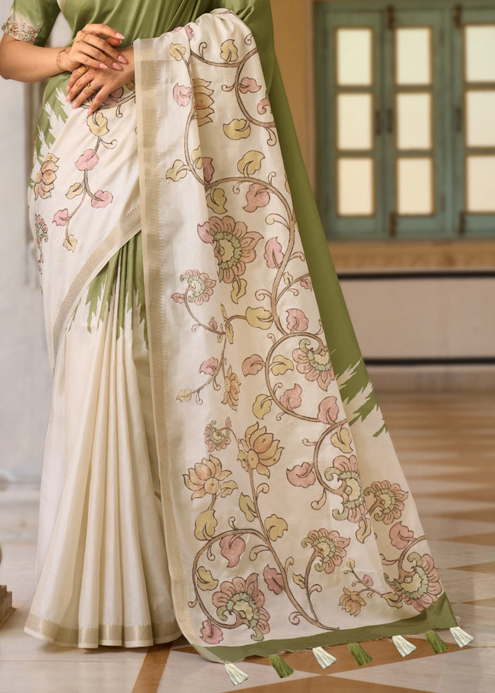 Cream White & GreenTussar Silk Summer Saree with Soft Floral Print
