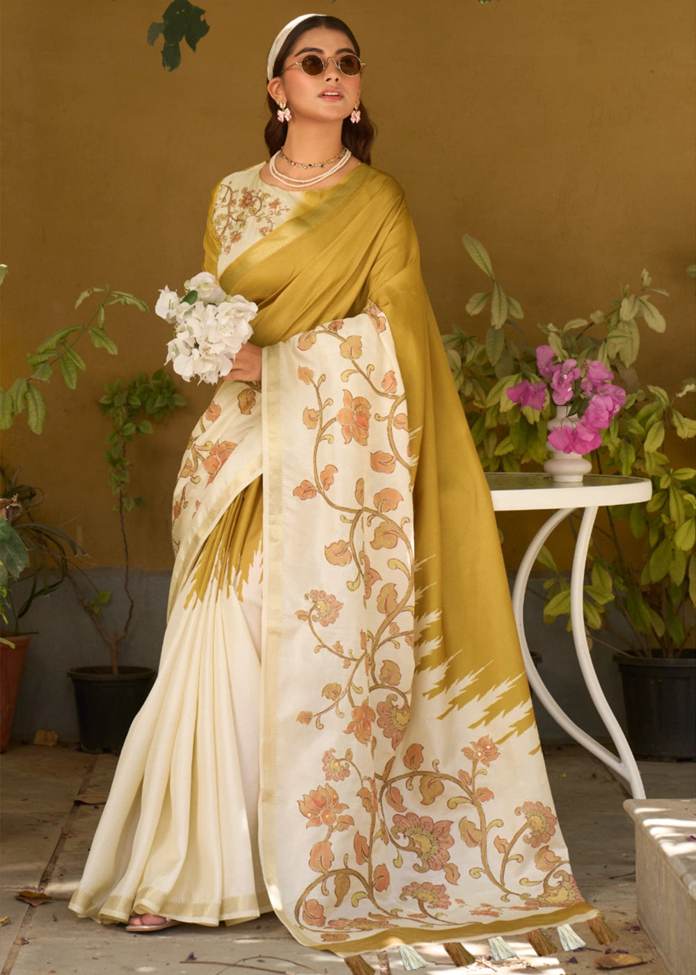 Cream White & Mustard Tussar Silk Summer Saree with Soft Floral Print
