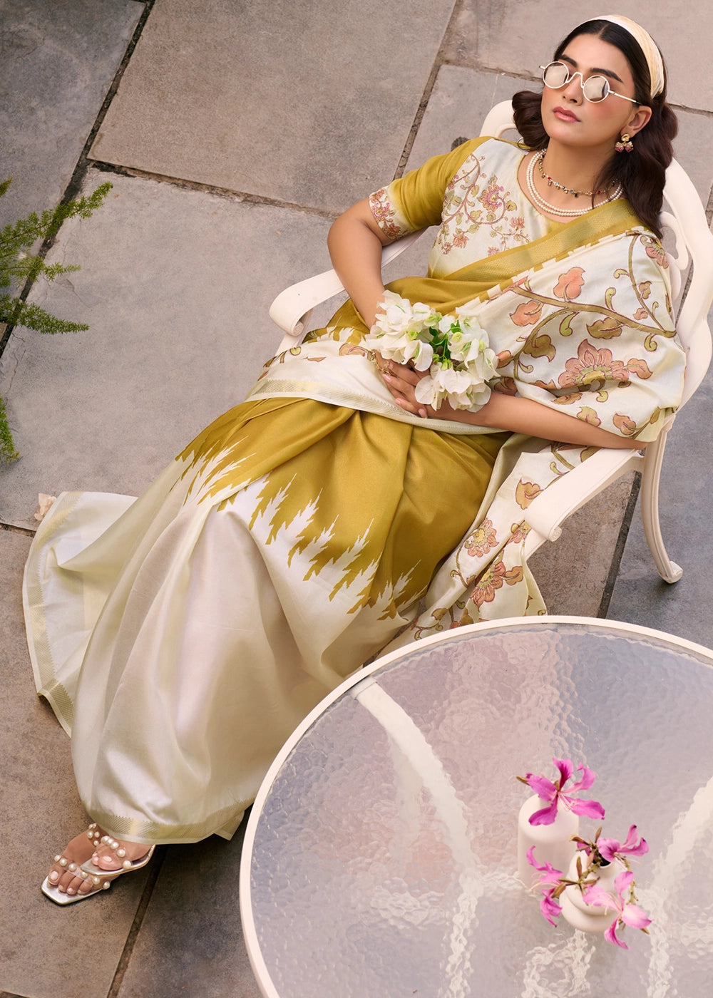 Cream White & Mustard Tussar Silk Summer Saree with Soft Floral Print