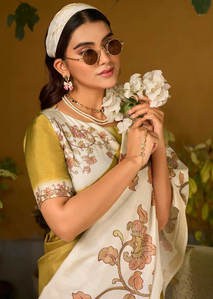 Cream White & Mustard Tussar Silk Summer Saree with Soft Floral Print