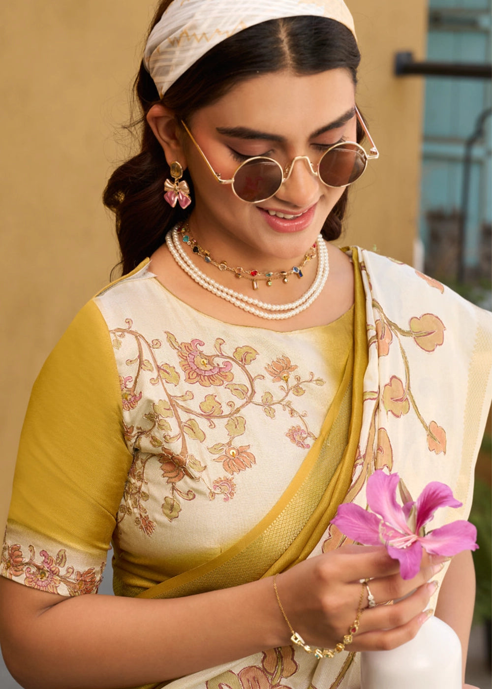Cream White & Mustard Tussar Silk Summer Saree with Soft Floral Print