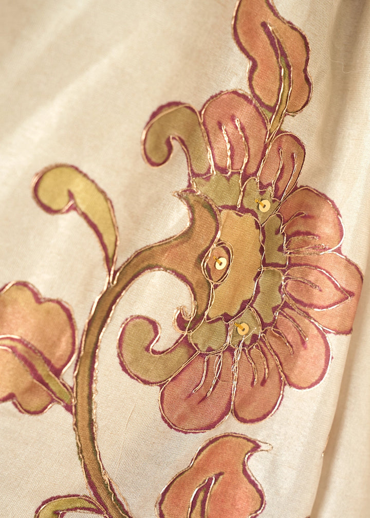 Cream White & Mustard Tussar Silk Summer Saree with Soft Floral Print