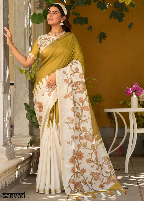 Cream White & Mustard Tussar Silk Summer Saree with Soft Floral Print
