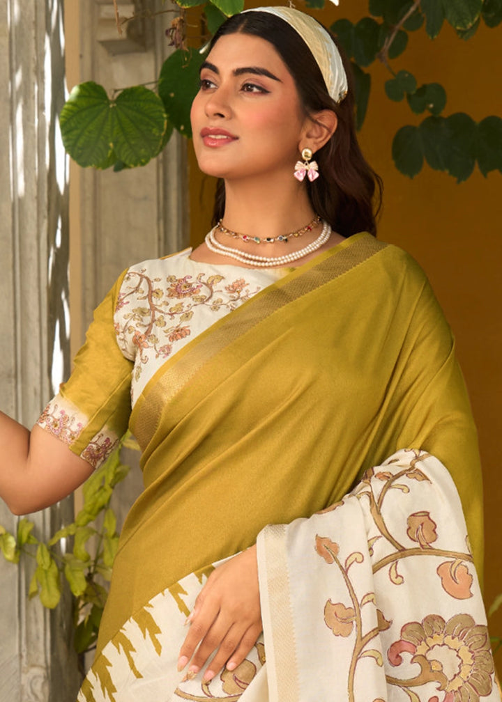 Cream White & Mustard Tussar Silk Summer Saree with Soft Floral Print