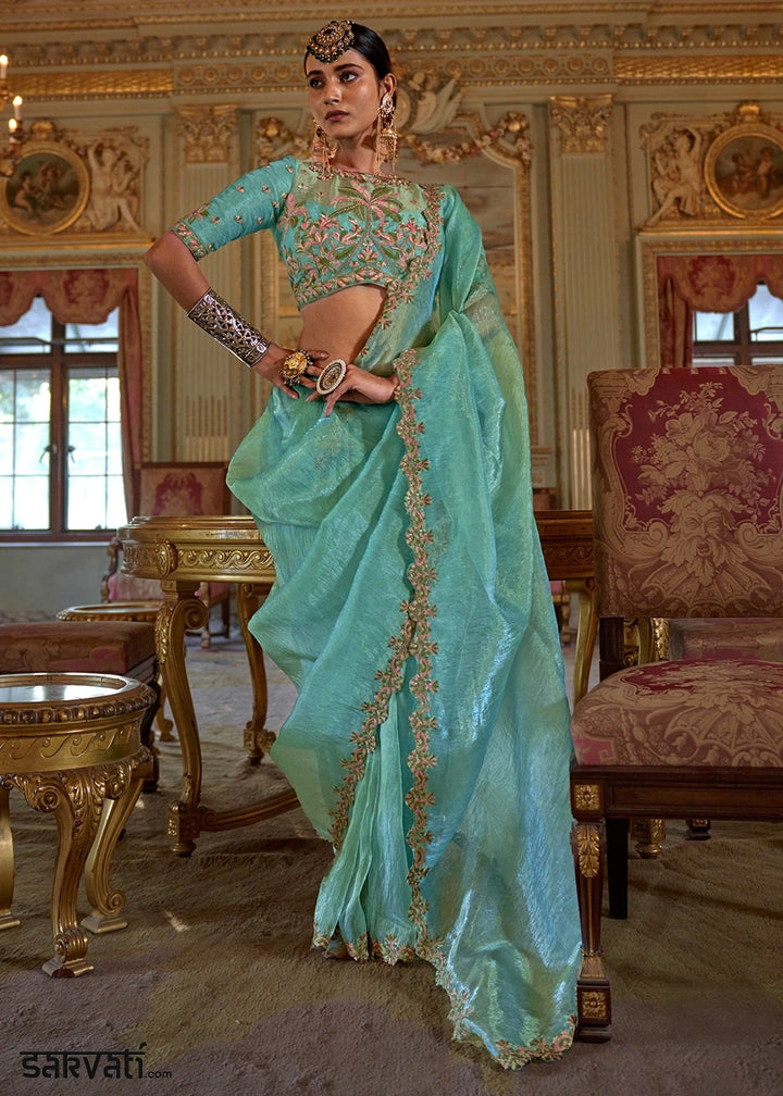 Turquoise Blue Soft Tissue Saree with Exquisite Multi Thread Embroidery work