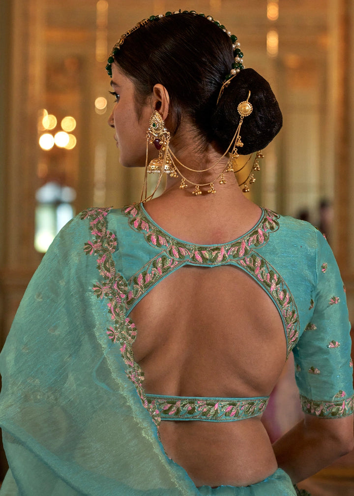 Turquoise Blue Soft Tissue Saree with Exquisite Multi Thread Embroidery work