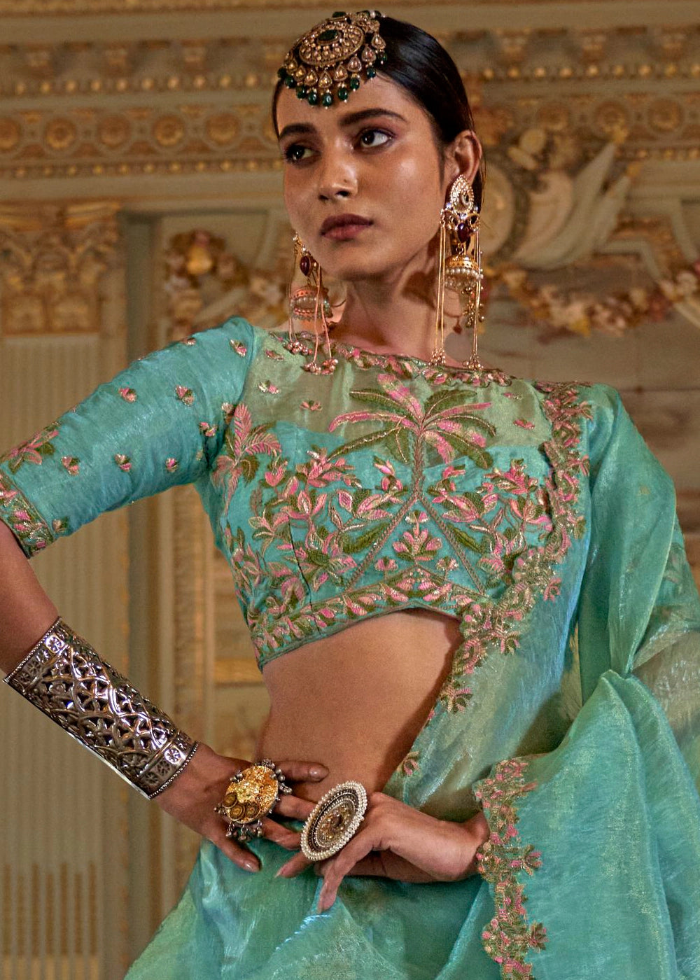 Turquoise Blue Soft Tissue Saree with Exquisite Multi Thread Embroidery work