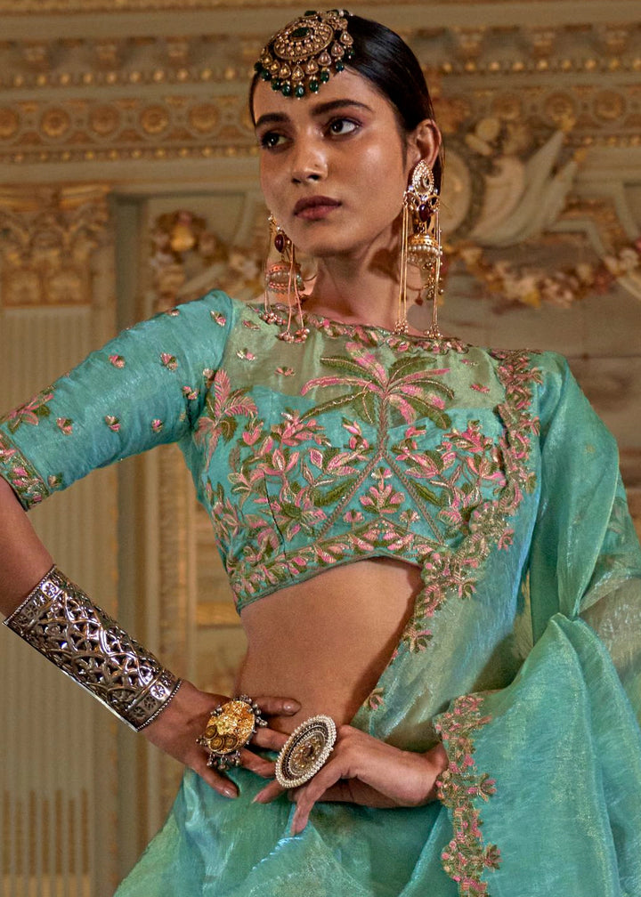 Turquoise Blue Soft Tissue Saree with Exquisite Multi Thread Embroidery work