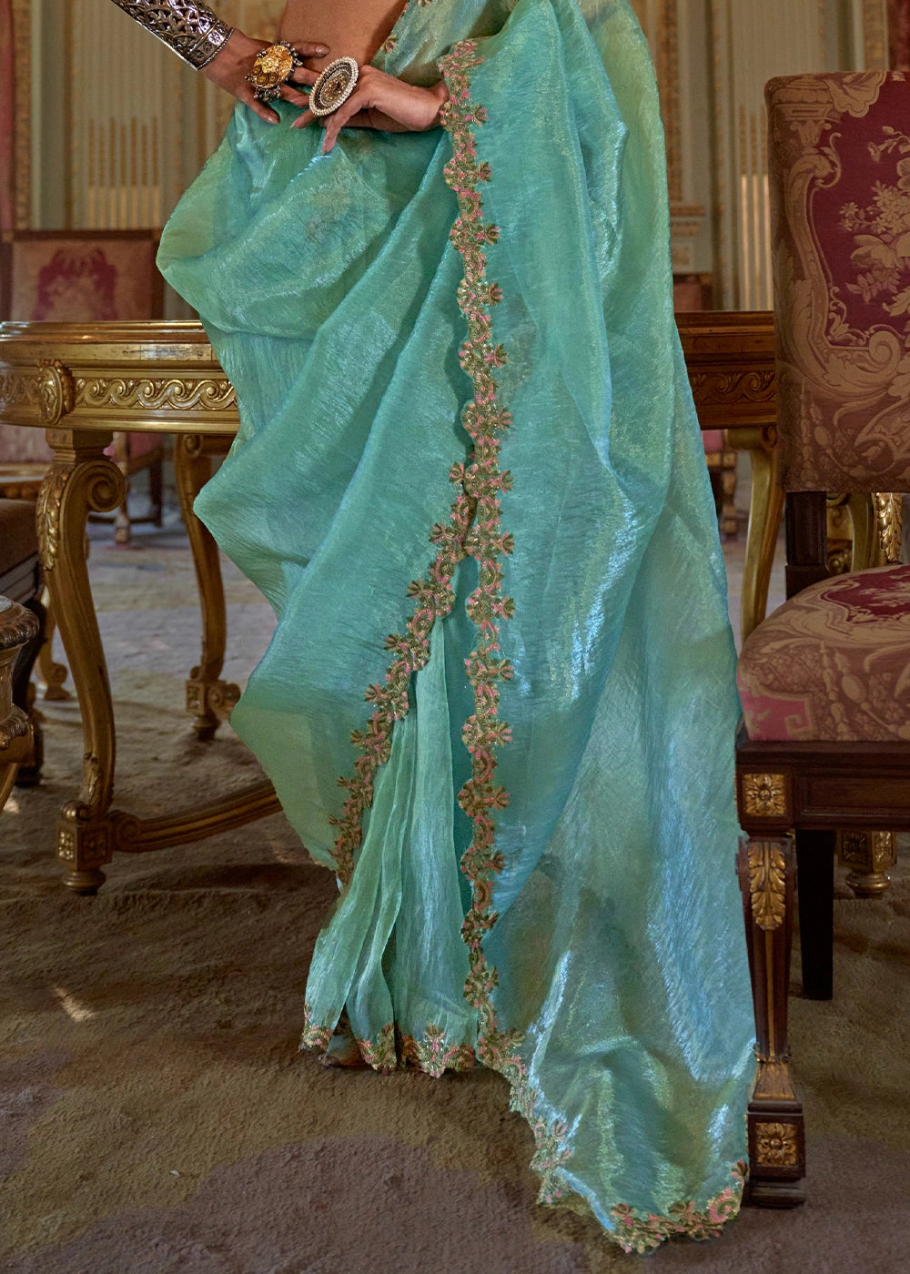 Turquoise Blue Soft Tissue Saree with Exquisite Multi Thread Embroidery work