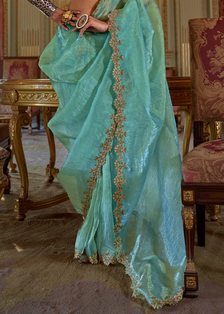 Turquoise Blue Soft Tissue Saree with Exquisite Multi Thread Embroidery work