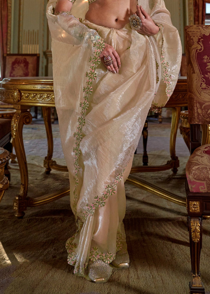 Beige Brown Soft Tissue Saree with Exquisite Multi Thread Embroidery work