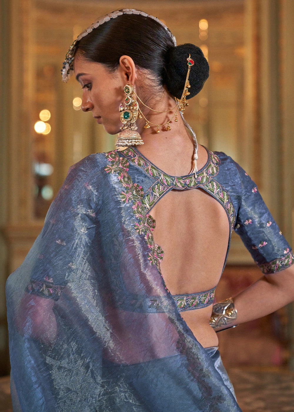 Shades Of Blue Soft Tissue Saree with Exquisite Multi Thread Embroidery work