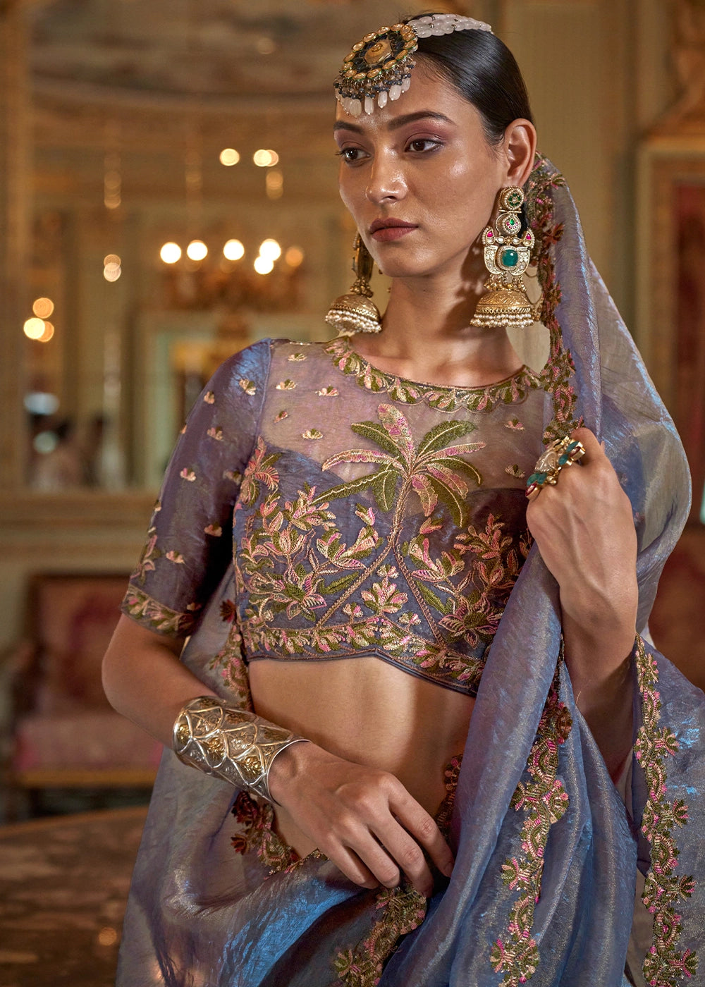 Shades Of Blue Soft Tissue Saree with Exquisite Multi Thread Embroidery work